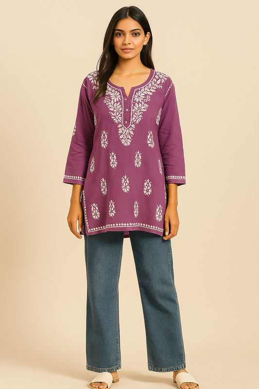 Wine Violet Embroidered Kurti