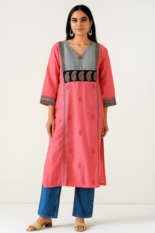 Coral Pink & Grey Yoke Kurta
