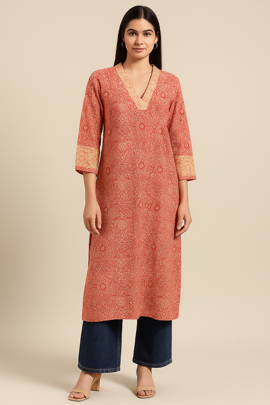 Rust Orange Printed Long Kurta