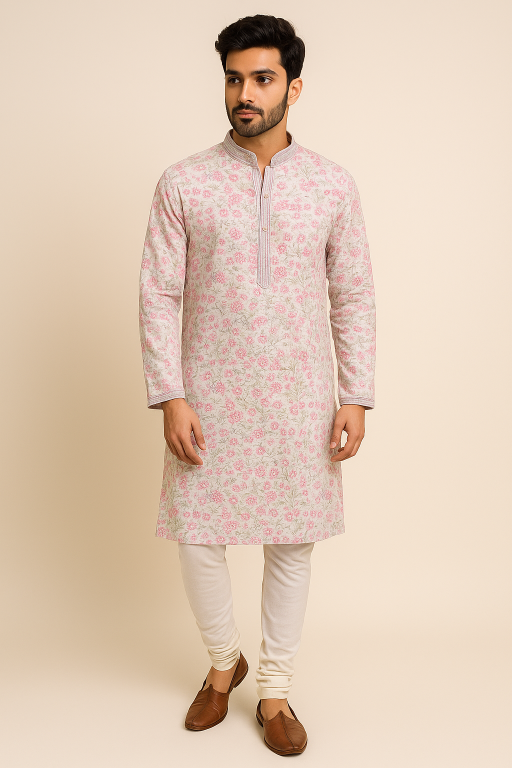 Ivory Pink Multi-Thread Embroidered Men’s Festive Kurta