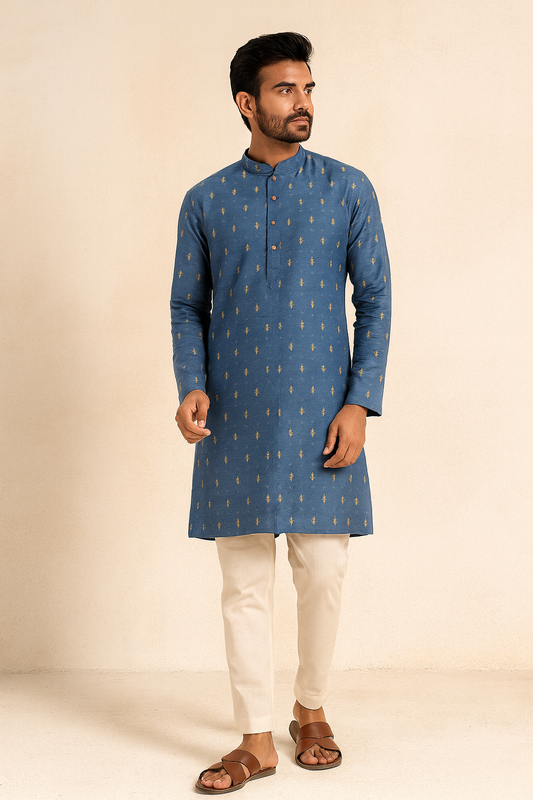Regal Motif Embroidered Men’s Kurta – Royal Blue