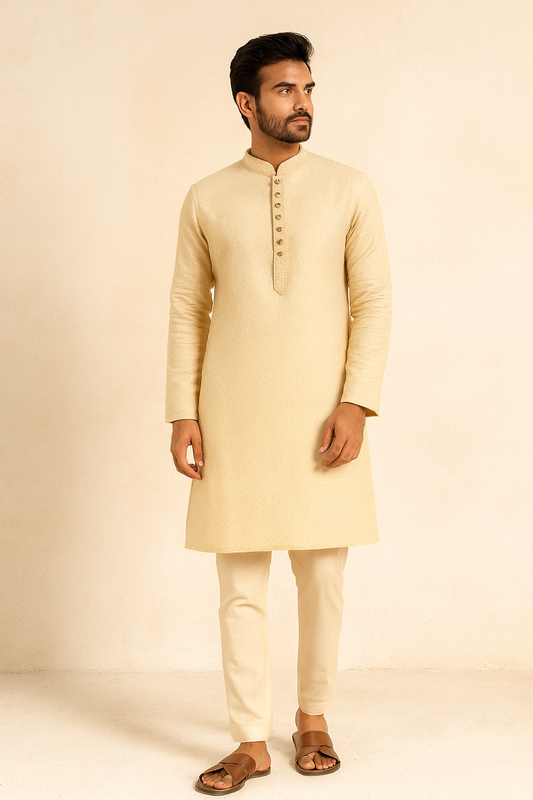 Ivory Gold Textured Ethnic Kurta for Men