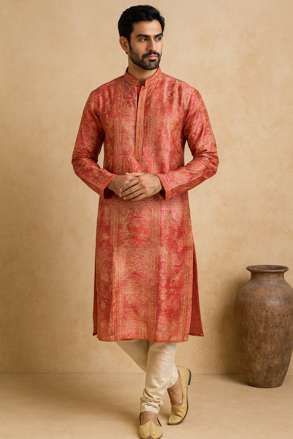 Royal Orange Banarasi Silk Kurta for Men