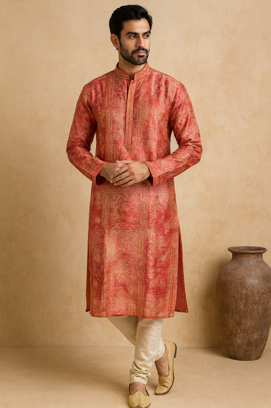 Royal Orange Banarasi Silk Kurta for Men