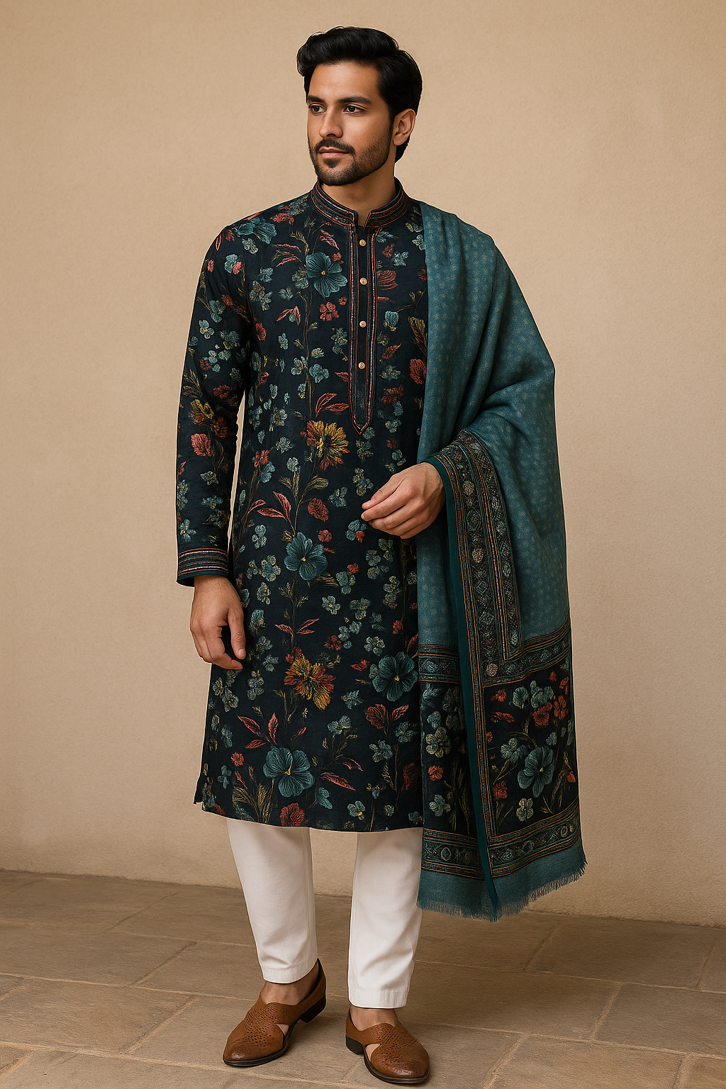 Emerald Teal Regal Kurta Set with Classic Shawl