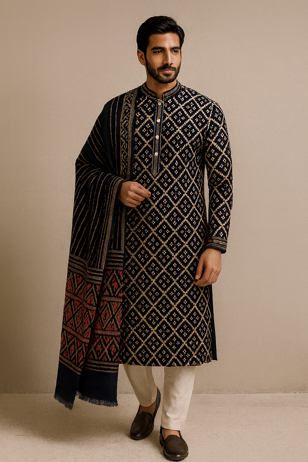 Royal Midnight Blue Festive Kurta–Shawl Ensemble