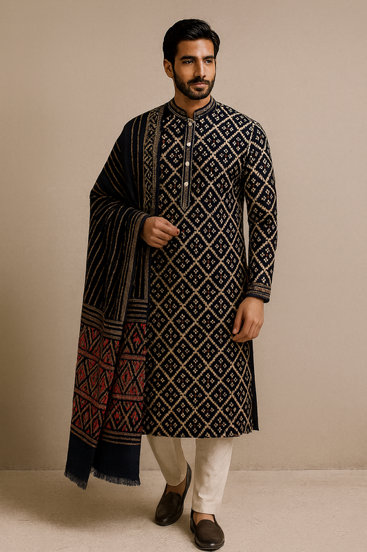 Royal Midnight Blue Festive Kurta–Shawl Ensemble