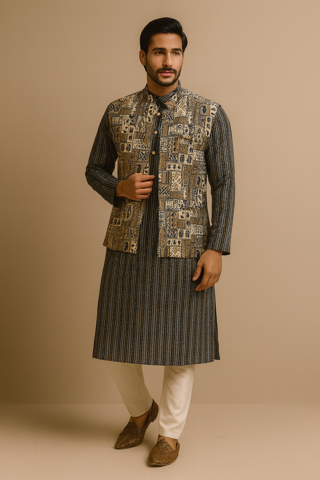 Premium Indigo Koti With Striped Tailored Kurta Set