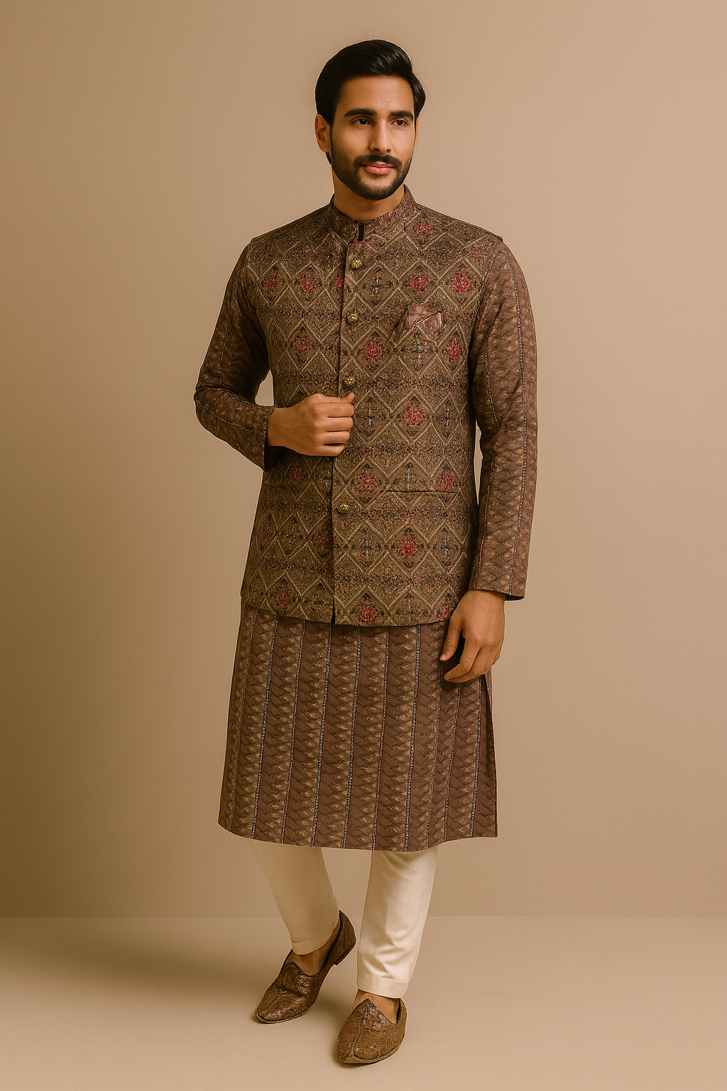 Chestnut Brown Kurta With Nehru Jacket (Koti Set)