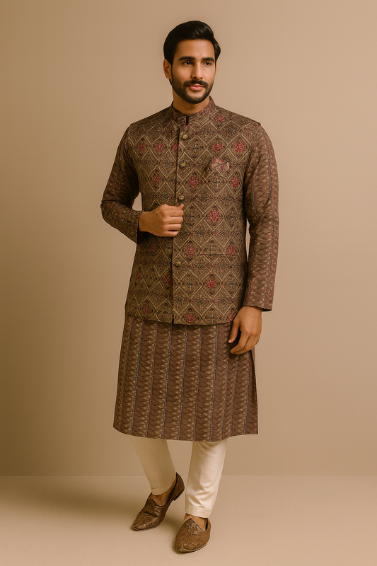 Chestnut Brown Kurta With Nehru Jacket (Koti Set)