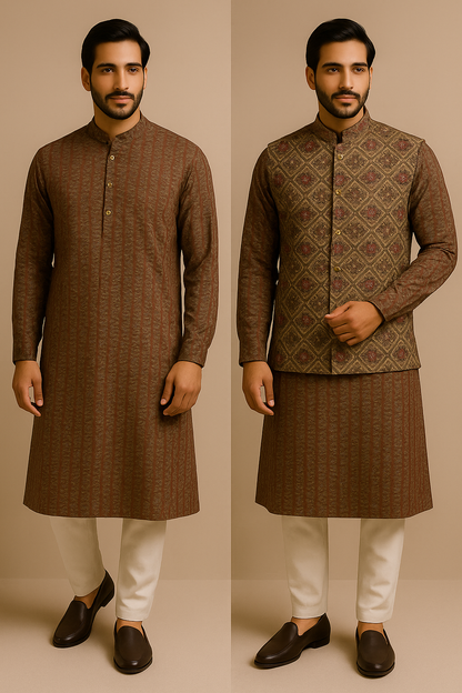 Chestnut Brown Kurta With Nehru Jacket (Koti Set)