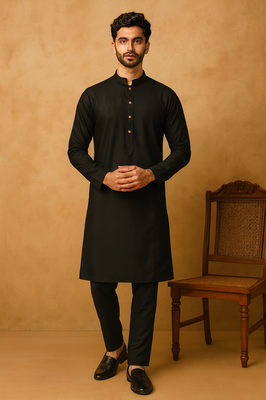 Midnight Black Classic Kurta–Pant Ensemble