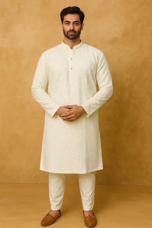 Ivory Chikankari Men’s Kurta – Timeless Ethnic Elegance