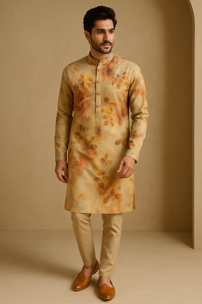 Men’s Autumn Beige Artistic Print Cotton Kurta