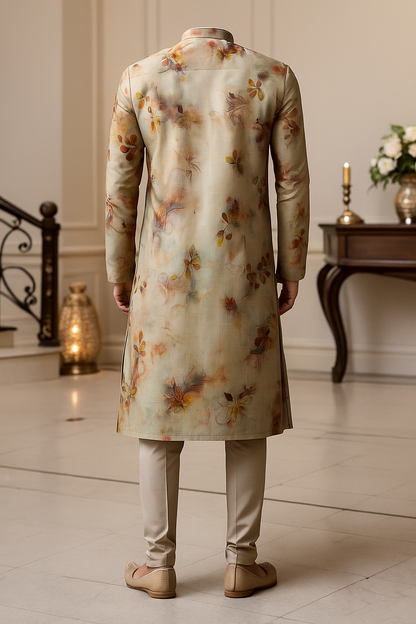 Men’s Autumn Beige Artistic Print Cotton Kurta