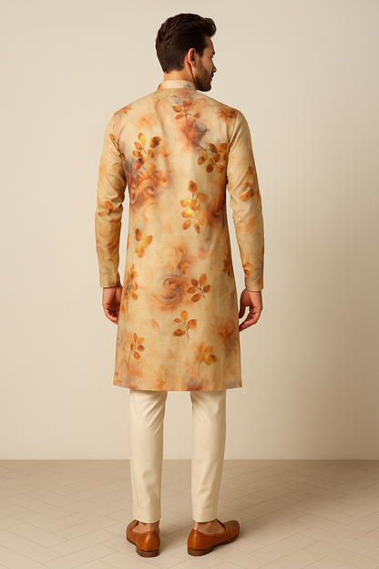 Men’s Autumn Beige Artistic Print Cotton Kurta