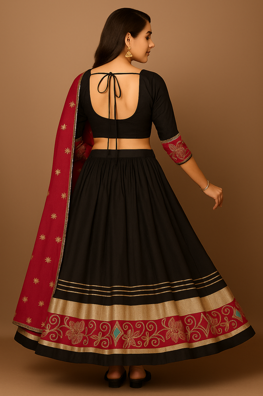 Black Cotton-Silk Lehenga Set with Pink Embroidered Blouse & Festival Dupatta