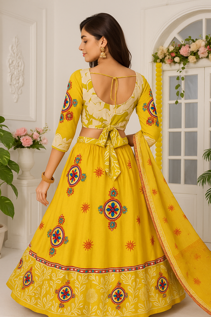 Premium Yellow Cotton Lehenga Choli Set