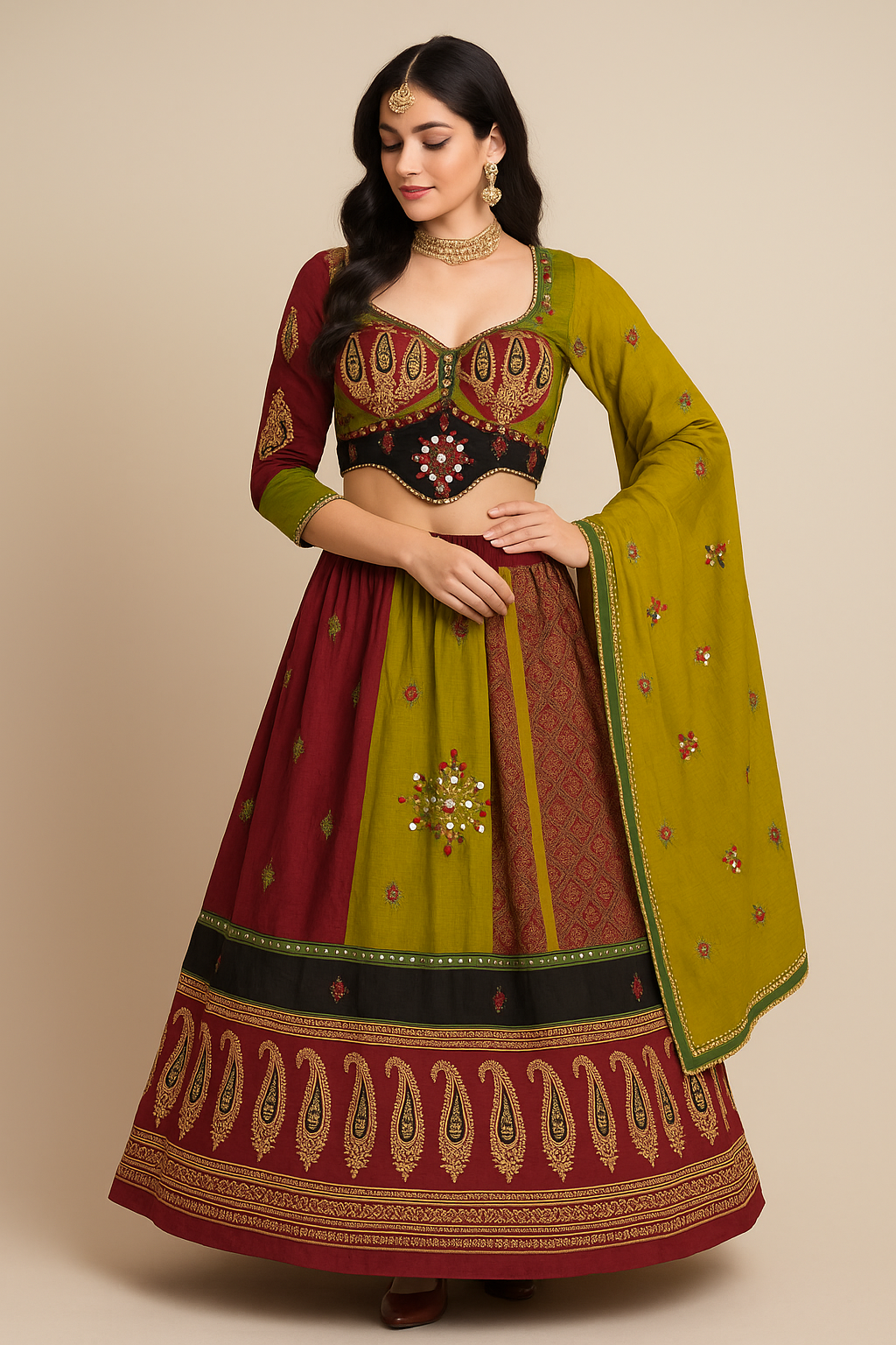 Regal Maroon & Olive Mirror-Work Patch Lehenga Choli Set