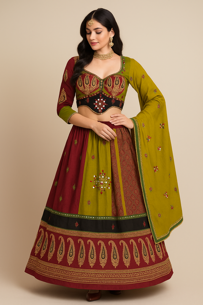 Regal Maroon & Olive Mirror-Work Patch Lehenga Choli Set