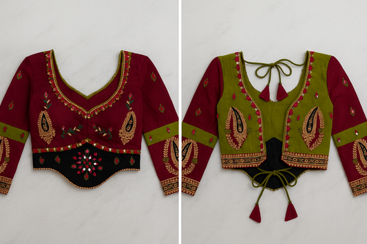 Regal Maroon & Olive Mirror-Work Patch Lehenga Choli Set