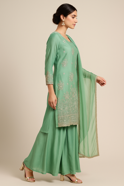 Embroidered Silk Blend Palazzo Suit – Pista Green