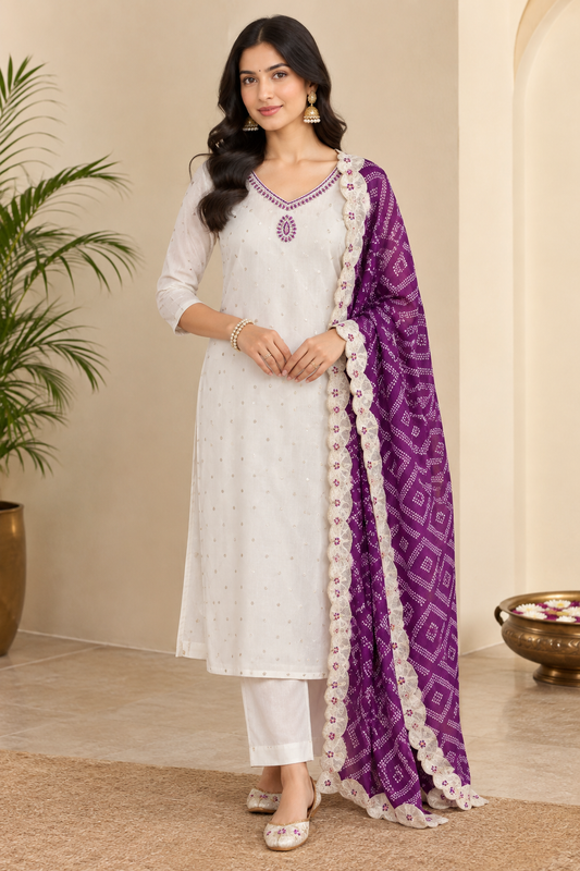 Ivory and Wine Silk Designer Salwar Suit