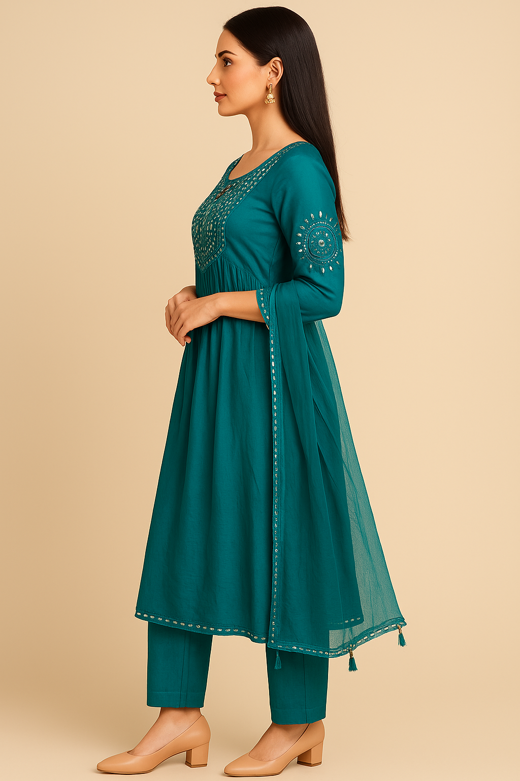Firozi Blue Mirror-Work Anarkali Kurta Set with Dupatta
