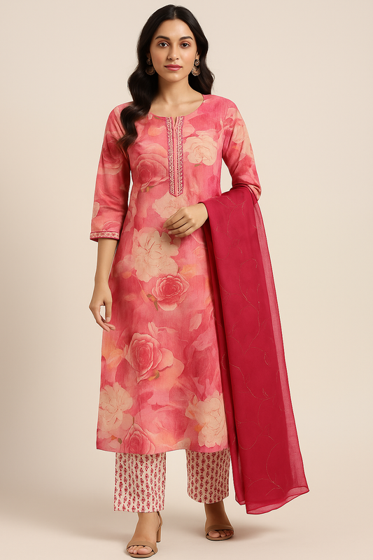 Elegant Rose Pink Floral Print Salwar Suit with Dupatta – 3 Piece Set