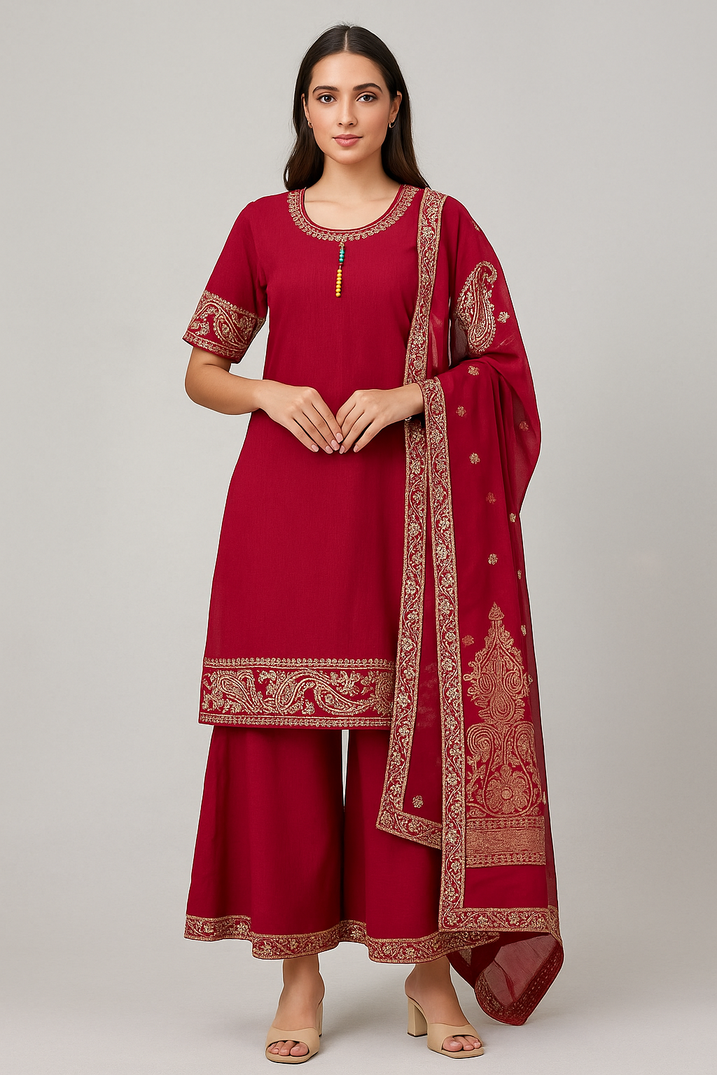 Regal Red Embroidered Anarkali Palazzo Suit with Dupatta