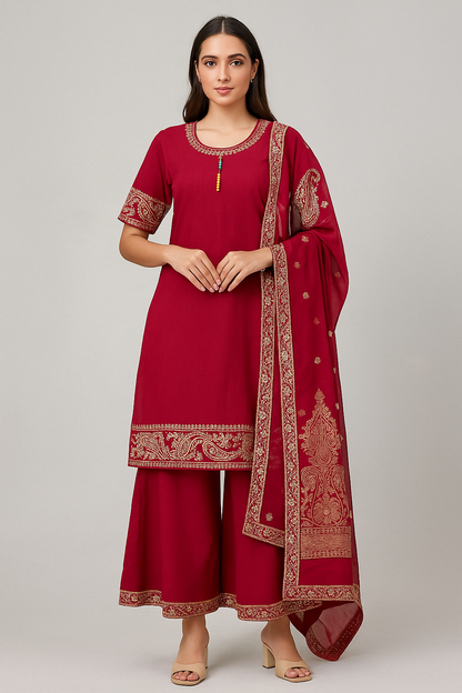 Regal Red Embroidered Anarkali Palazzo Suit with Dupatta