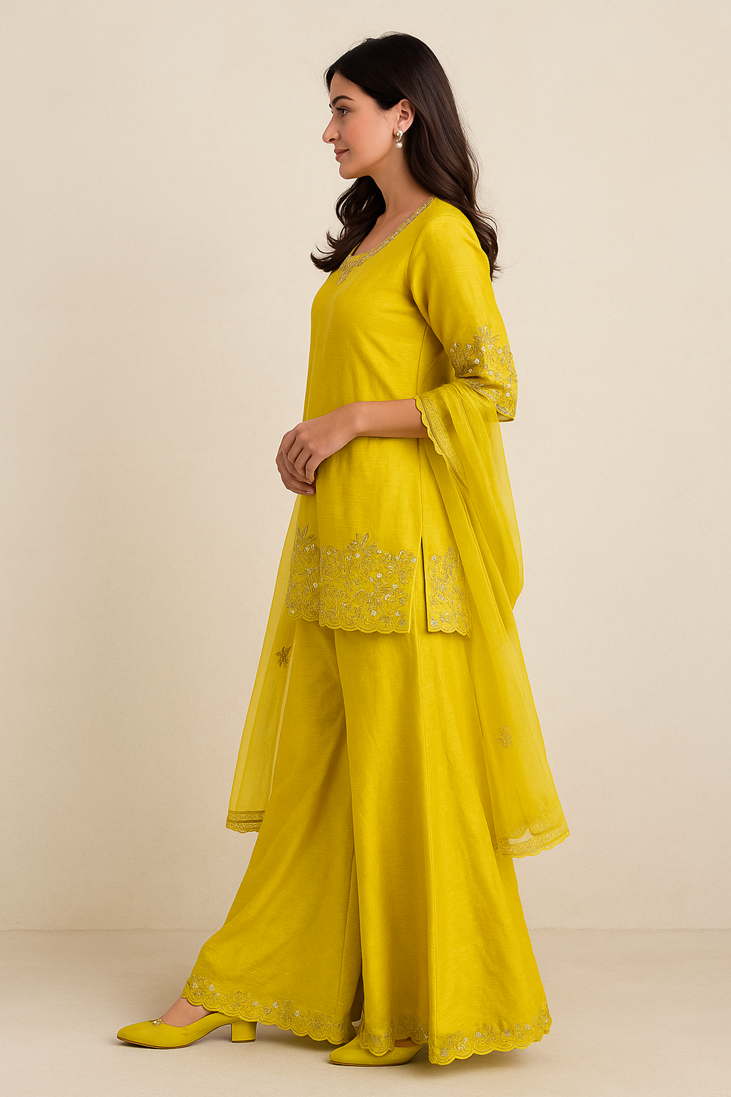 Lemon Yellow Premium Chanderi Silk Palazzo Suit