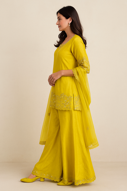 Lemon Yellow Premium Chanderi Silk Palazzo Suit