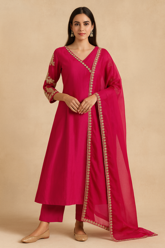 Deep Pink Embroidered 3-Piece Ethnic Suit with Dupatta