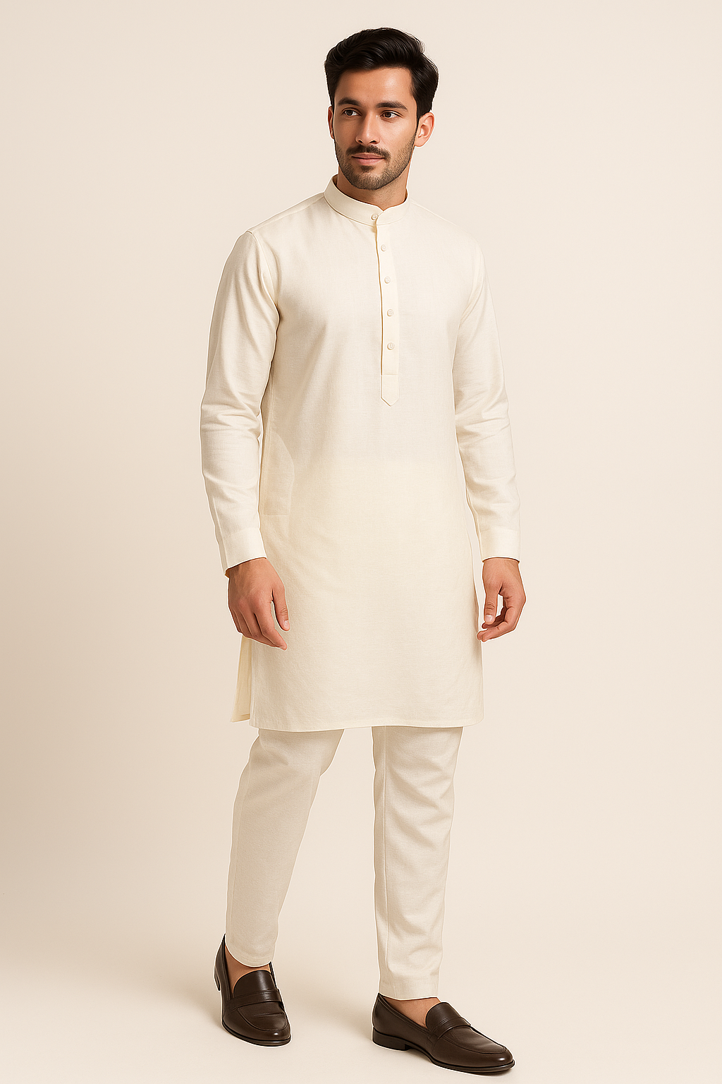 Man wearing a cream kurta with white pants on a beige background