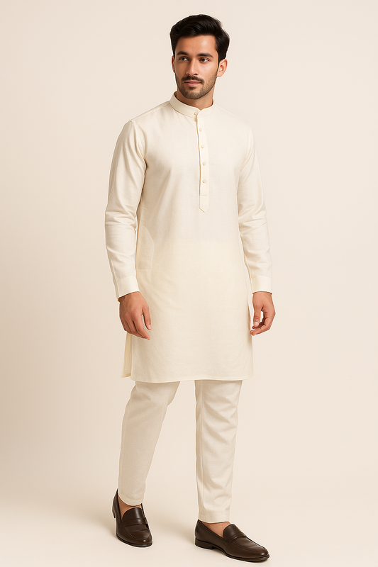 Man wearing a cream kurta with white pants on a beige background