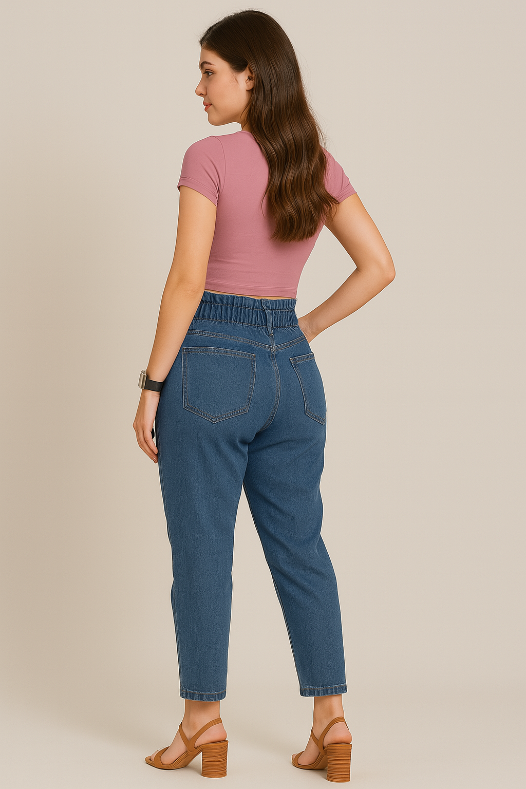 Woman wearing blue jeans and a pink top on a beige background