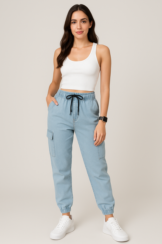 Woman wearing light blue jogger pants and a white tank top on a plain background