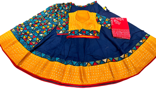 Colorful traditional Indian lehenga choli set with blue skirt, yellow blouse, and matching dupatta