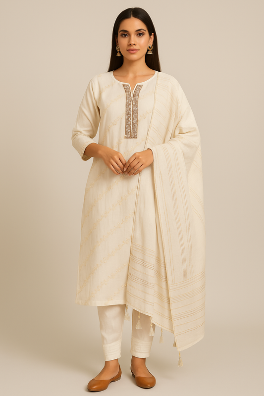 Ivory Elegance Embroidered Kurta Set with Dupatta