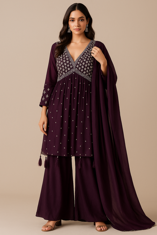 Wine Purple Embroidered Kurta Palazzo Set with Dupatta