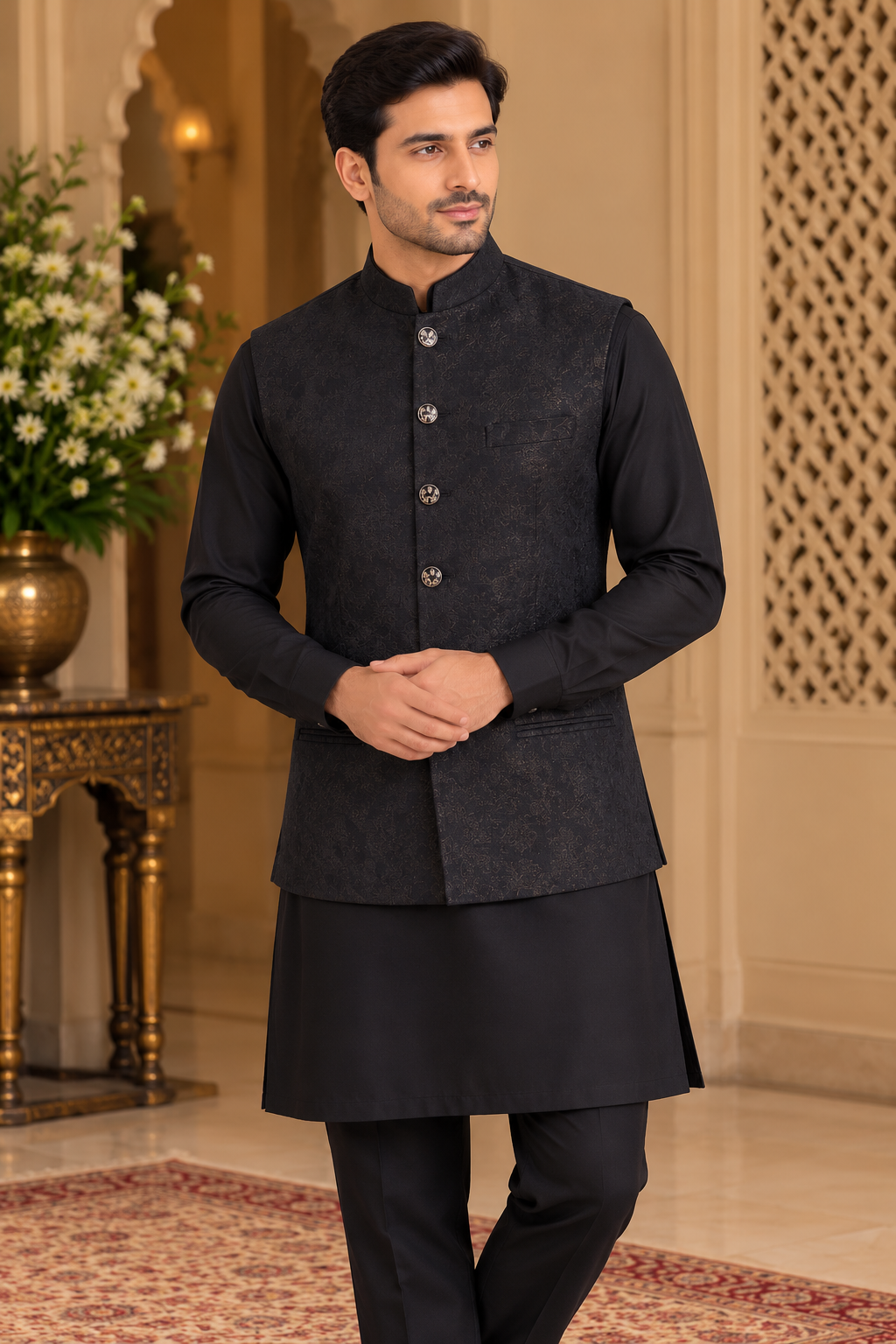 Royal Onyx Black Textured Nehru Jacket