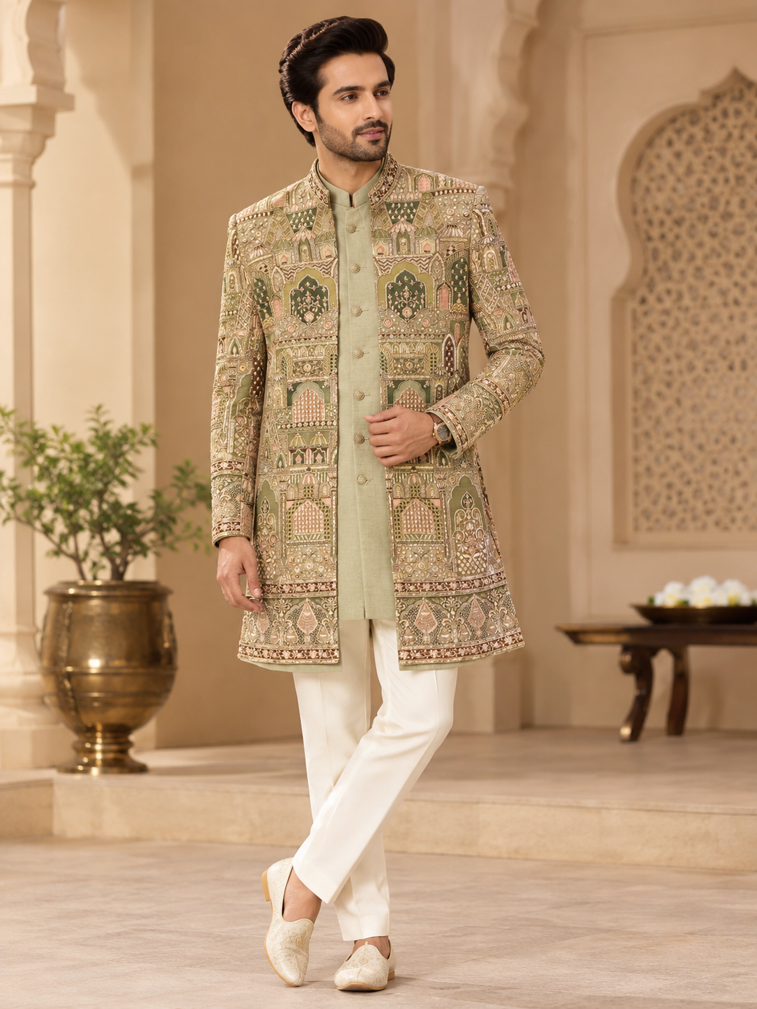 Men's Royal Sage Green Embroidered Sherwani – 2 Piece Set