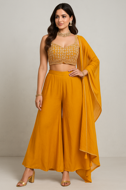 Woman wearing a mustard yellow traditional outfit with a plain background