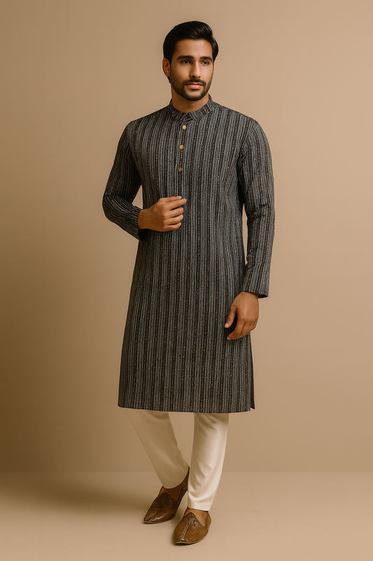 Man wearing a black and white striped kurta with white pants against a beige background