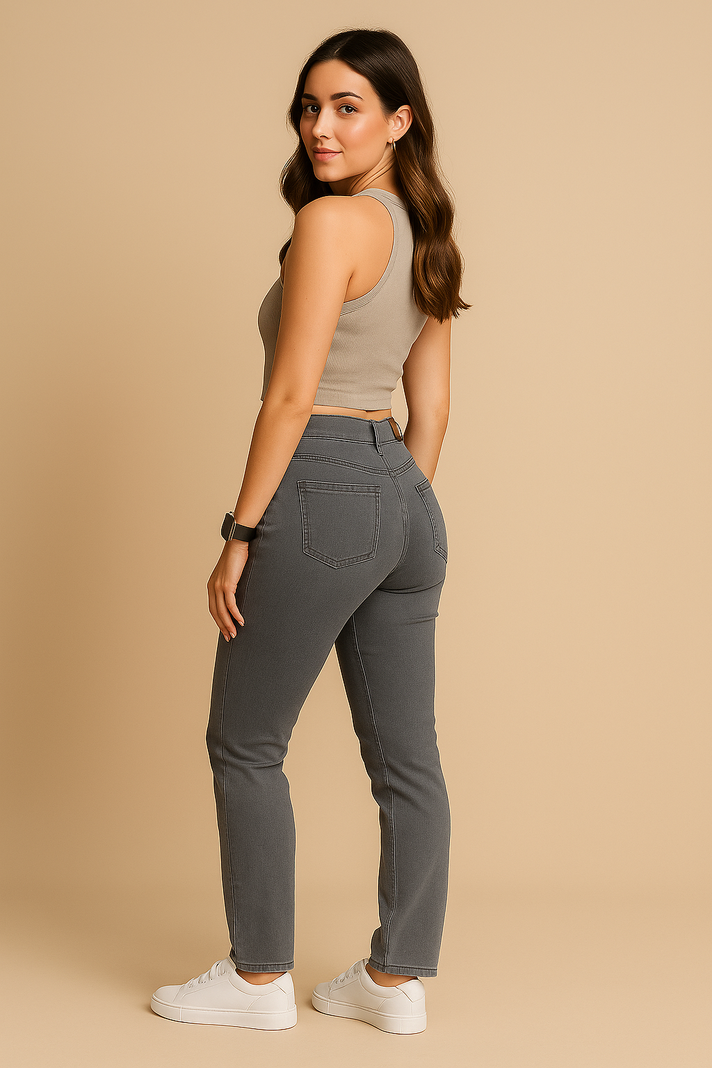 Woman wearing gray pants and a beige top on a beige background