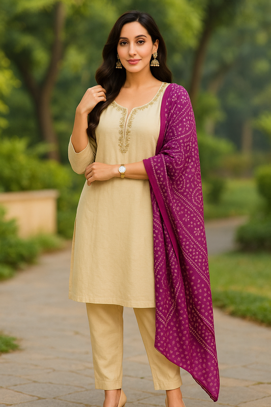 Bandhani Grace Kurta Set – Cream Gold & Royal Plum