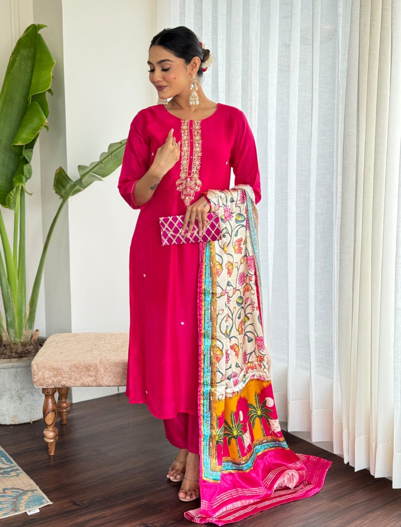 Exotic Pink designer Silk salwar suit with printed dupatta