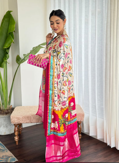 Exotic Pink designer Silk salwar suit with printed dupatta