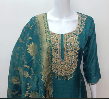 Mahedi Green Bridal Set with handcraft embroidery and printed dupatta